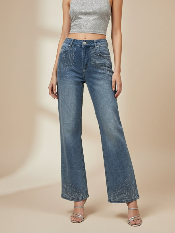 Blue Embellished Wide Leg Denim Jeans