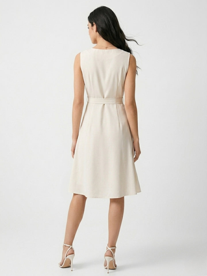 White Waist Belted Printed Dress