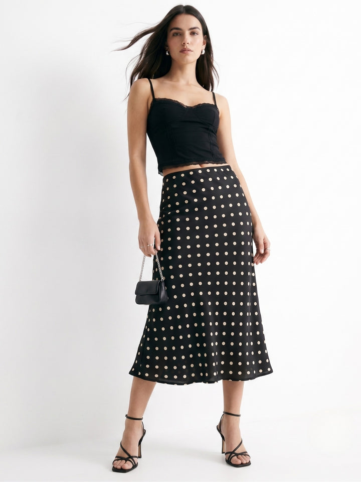 Black Polka Dotted Flared Skirt