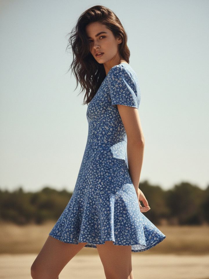 Blue Short Sleeve V Neck Printed Dress