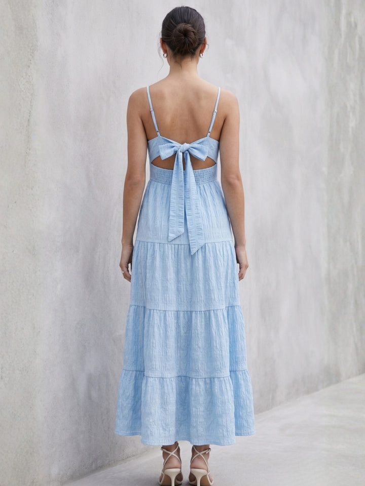 Blue Shoulder Strap Back Bow Tiered Dress