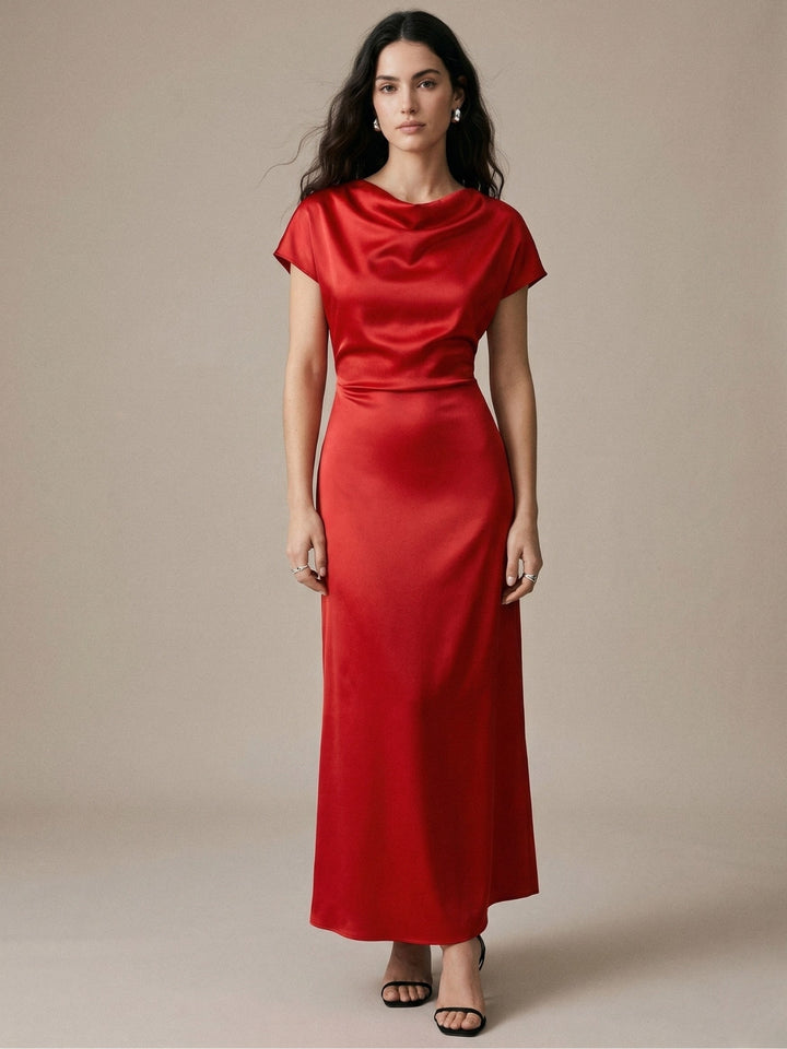 Red Off-Shoulder Drapey Evening Wear Dress
