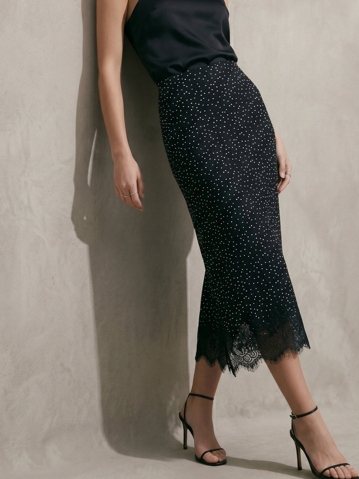 Black Midi Skirt In Polka Dot Fabric With Eyelace Lace Hem Detail
