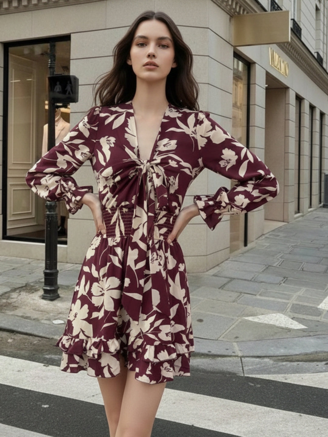 Wine Bishop Sleeve Front Tie-Up Printed Dress