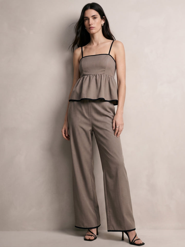 Beige Strappy Peplum Top With Trousers Co-Ord Set