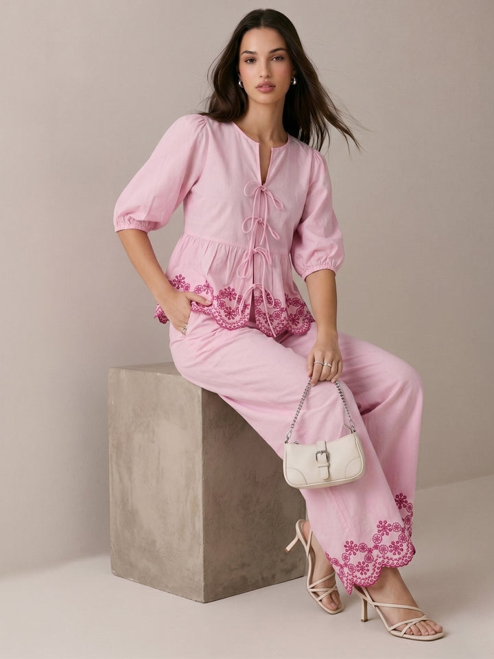 Pink Contrast Schiffli With Regular Fit Shirt Paired With Wide Leg Trouser