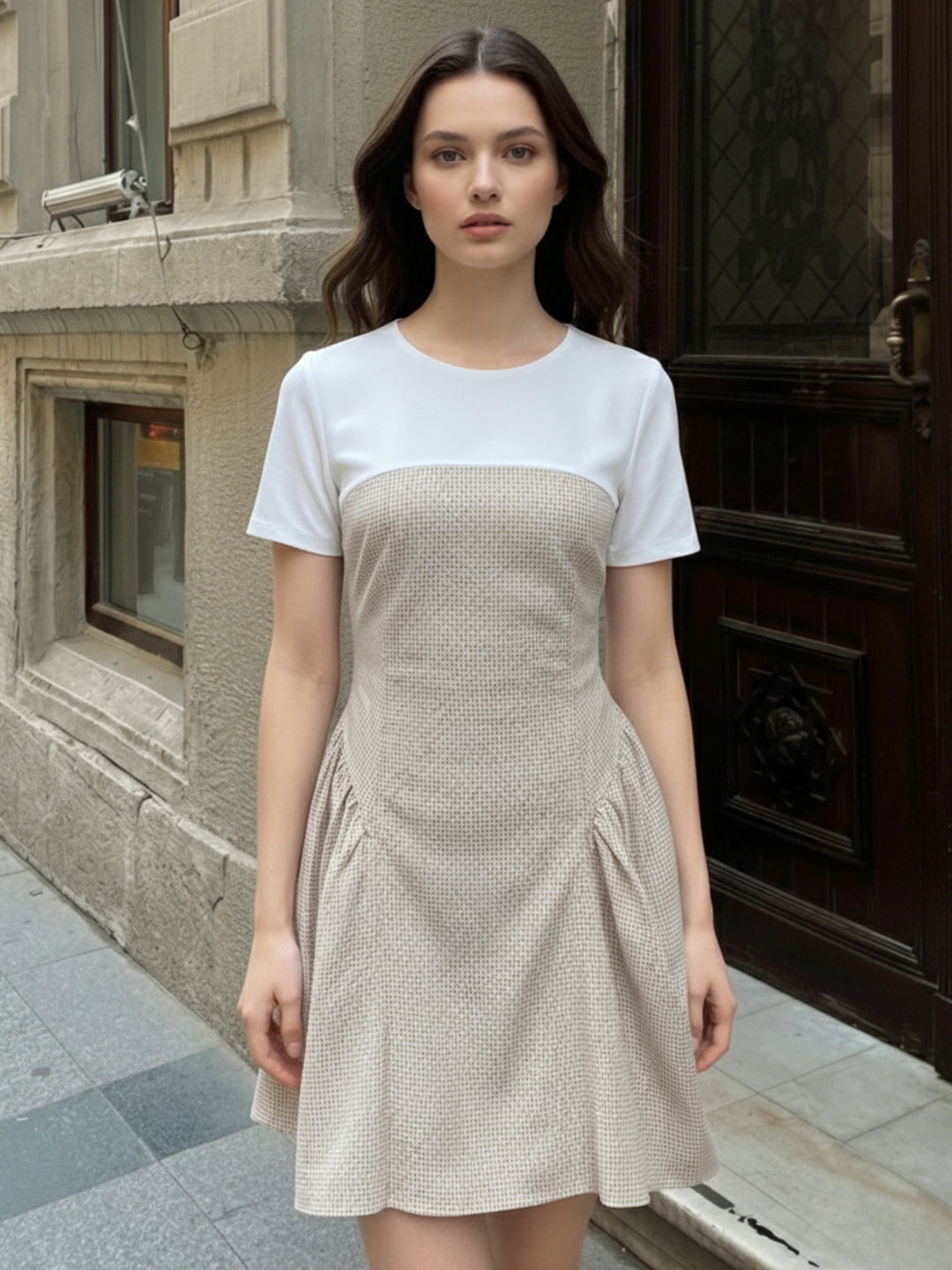 Multi Mini check dress with flared skirt.