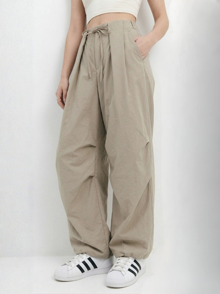 Khaki Baggy Fit Trousers With Belt Detail