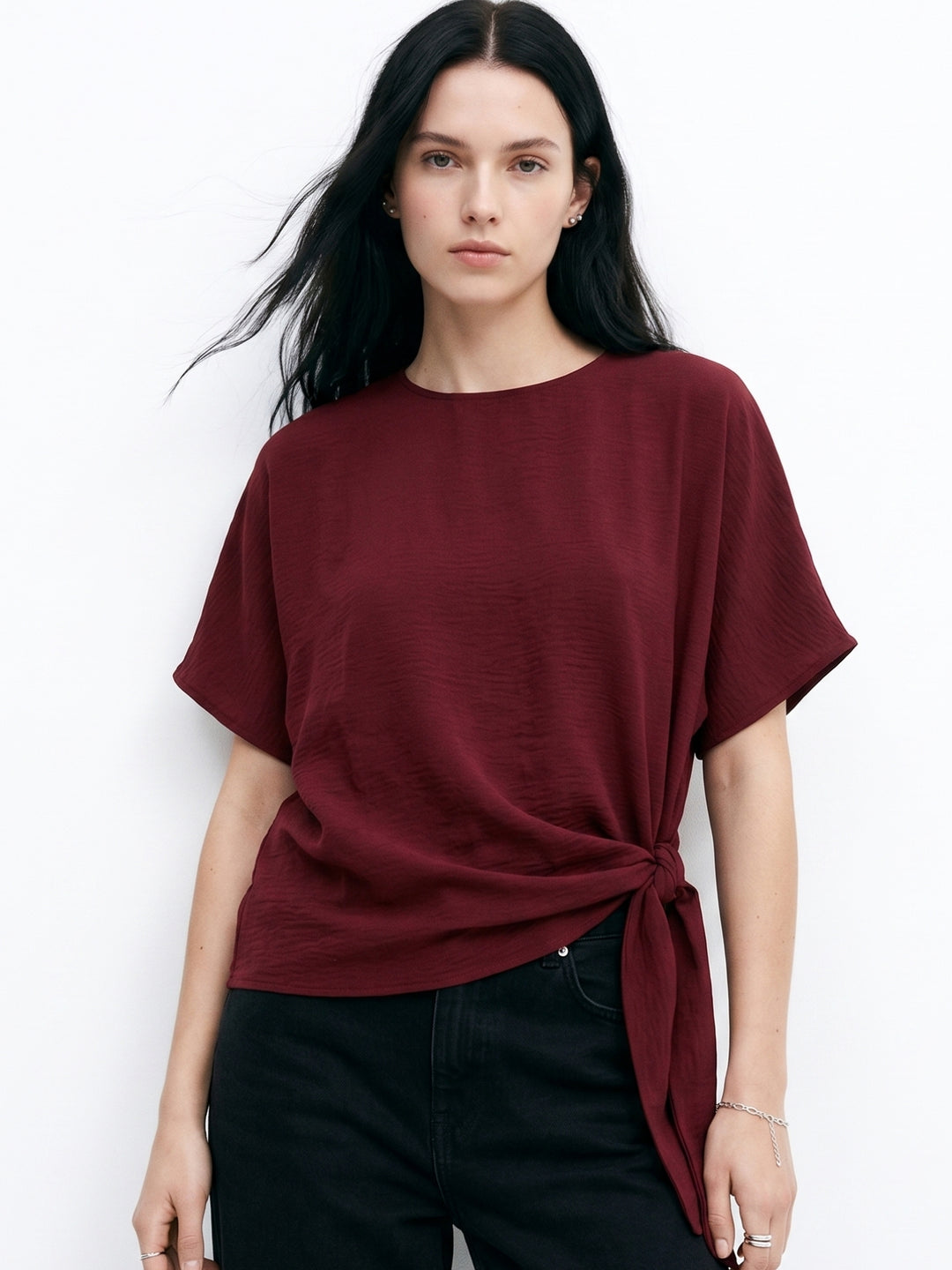 Wine Waist Tie-Up Crew Neck Tops