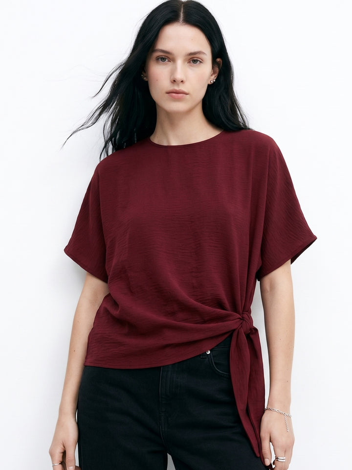 Wine Waist Tie-Up Crew Neck Tops