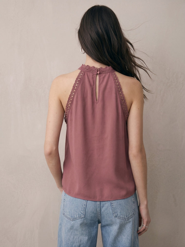 Mauve Halter Neck Tank With Lace Inserts