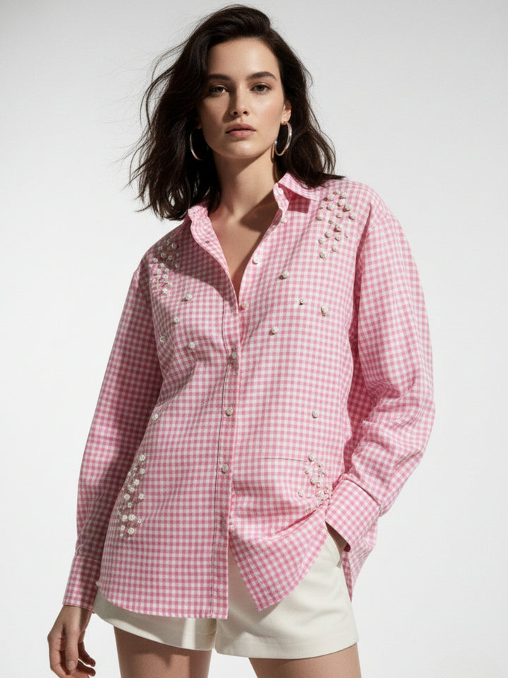 Pink Oversized Check Shirt With Placement Embellishment Detail