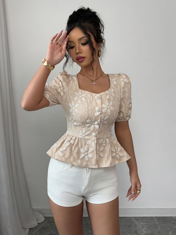Off White Puff Sleeved Peplum Top