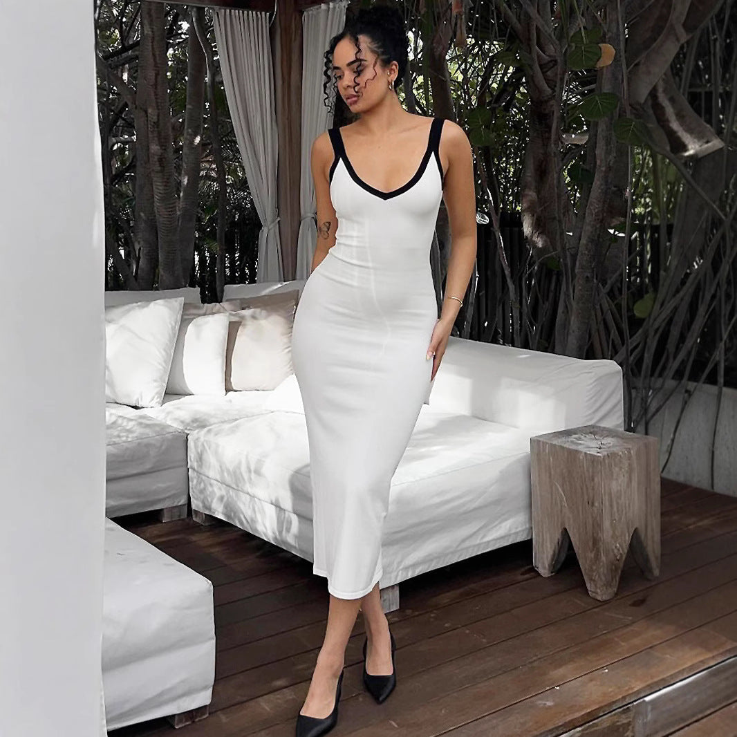 White Contrast Piping Bodycon Maxi Dress