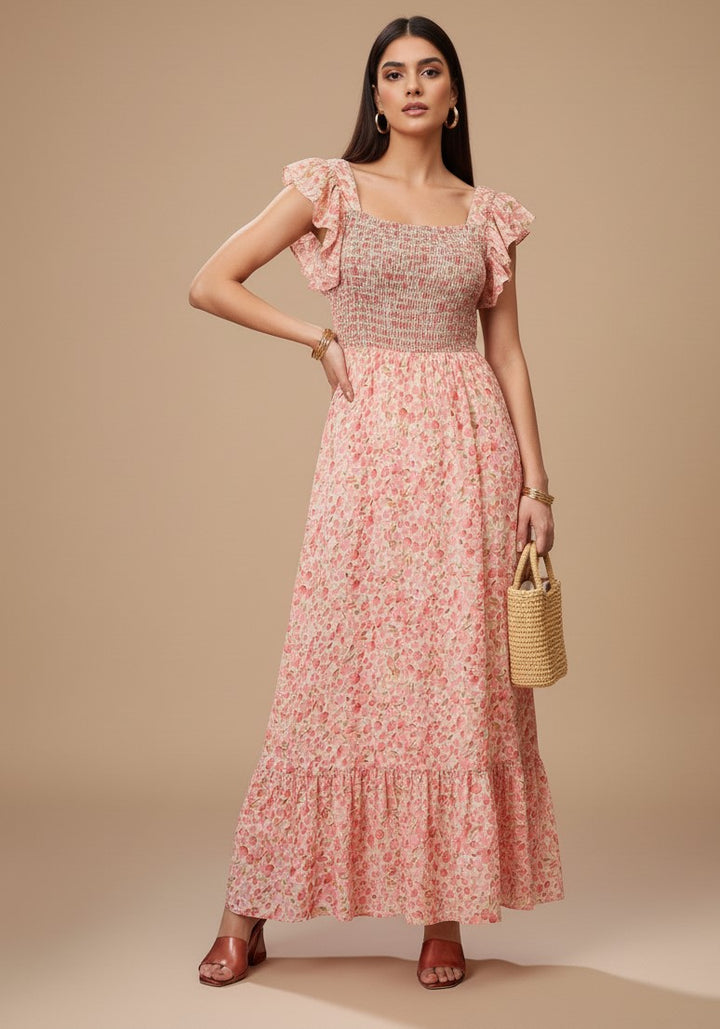 Peach Short Sleeve Square Neck Printed Dress
