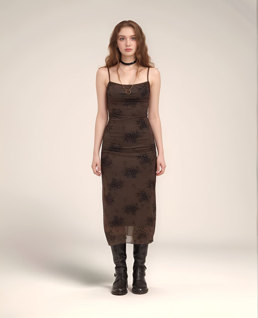Brown-Strappy Fitted Maxi Dress