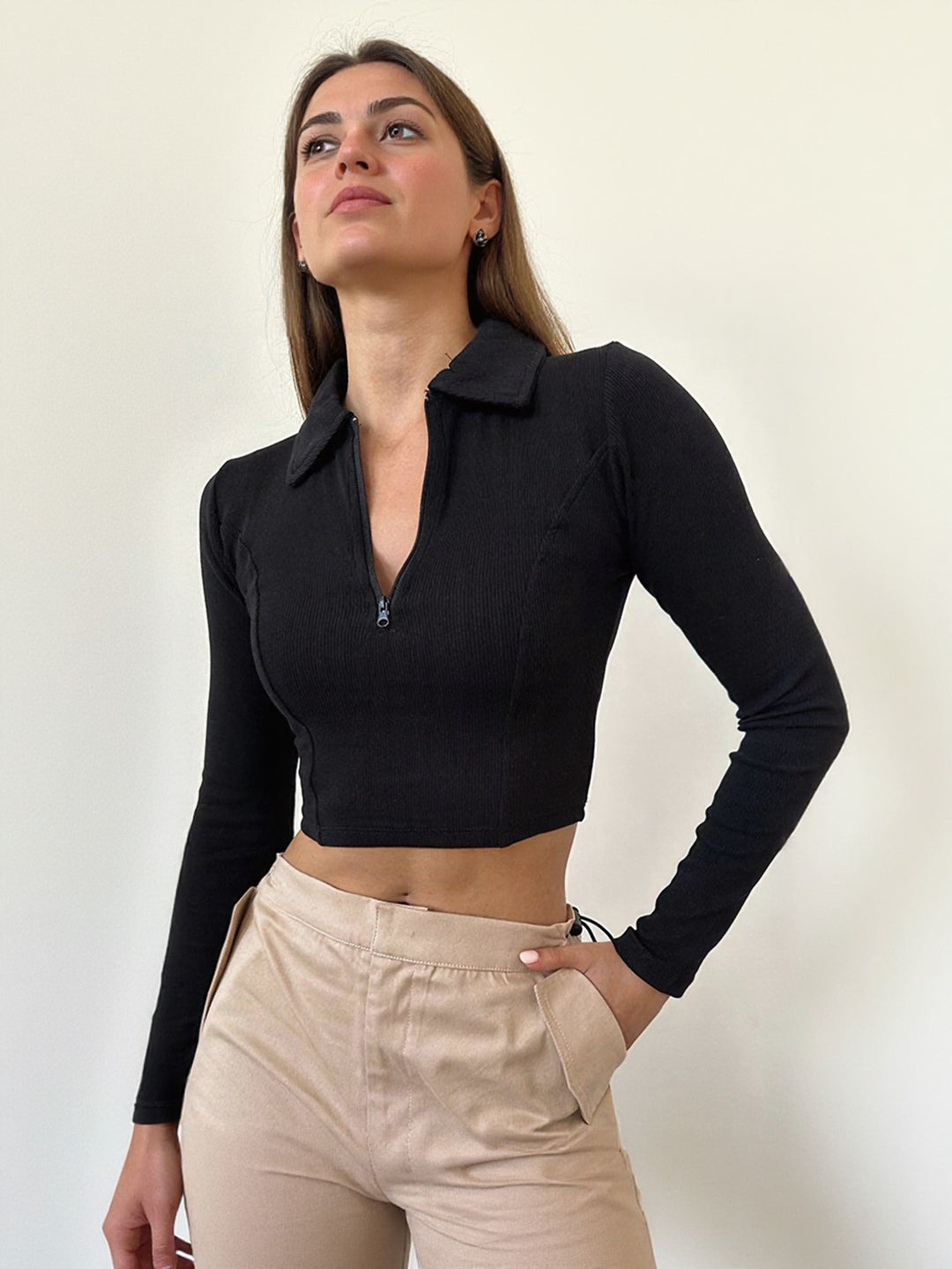 Solid Black Zip Fitted Crop Top