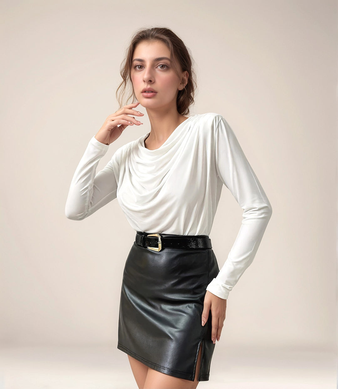 White Cowl Neck Fitted Top