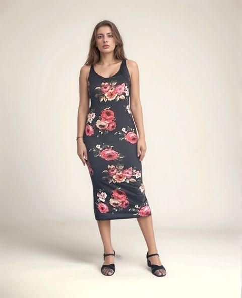 Black Floral Printed Bodycon Dress