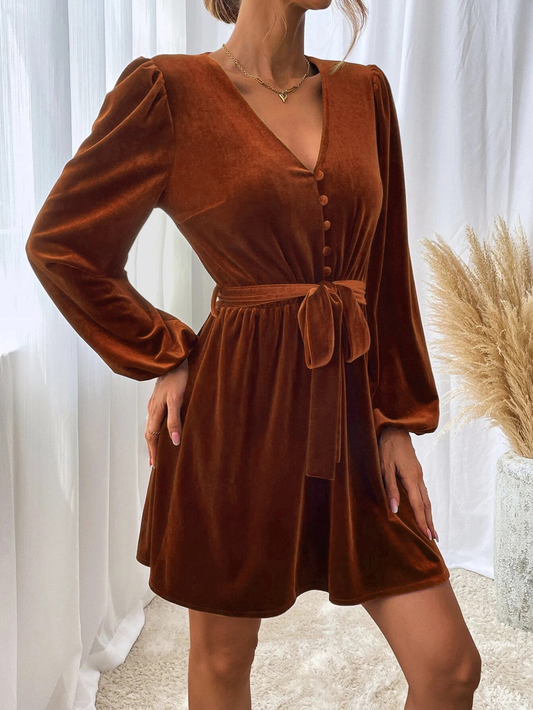 Brown Bishop Sleeve Front Tie-Up Dress