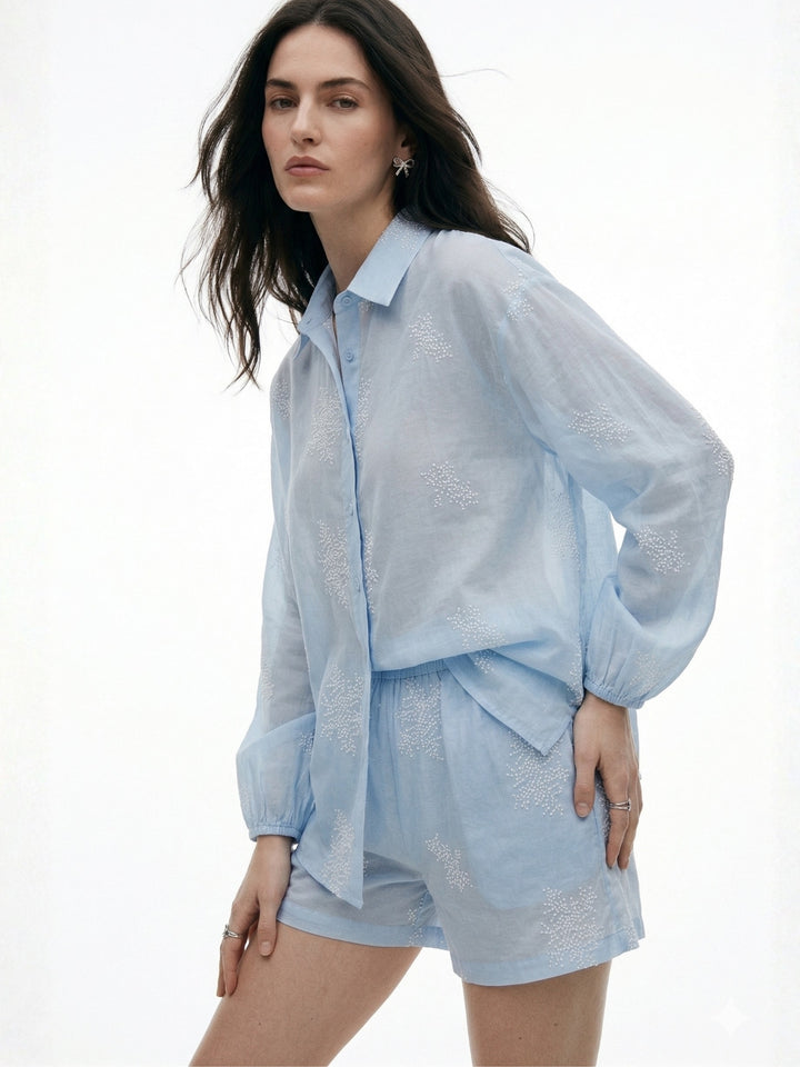 Blue Bishop Sleeve Collared Sheer Shirt And Shorts Set