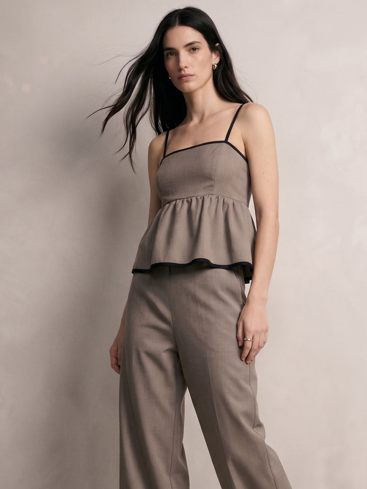 Beige Strappy Peplum Top With Trousers Co-Ord Set