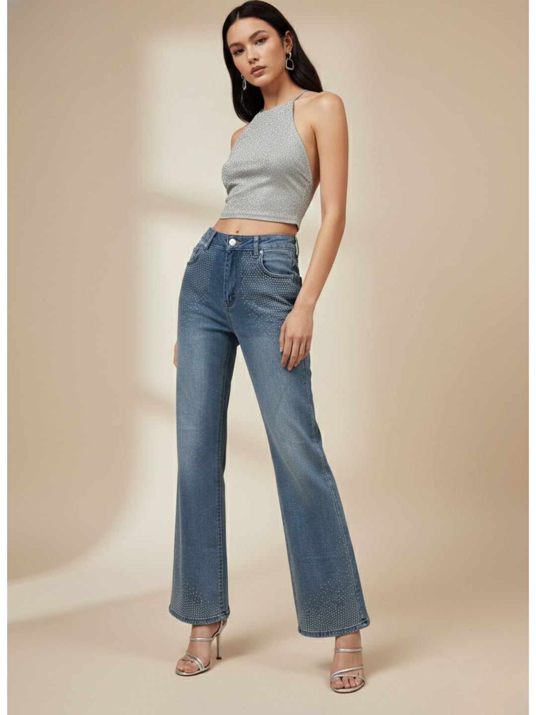 Blue Embellished Wide Leg Denim Jeans