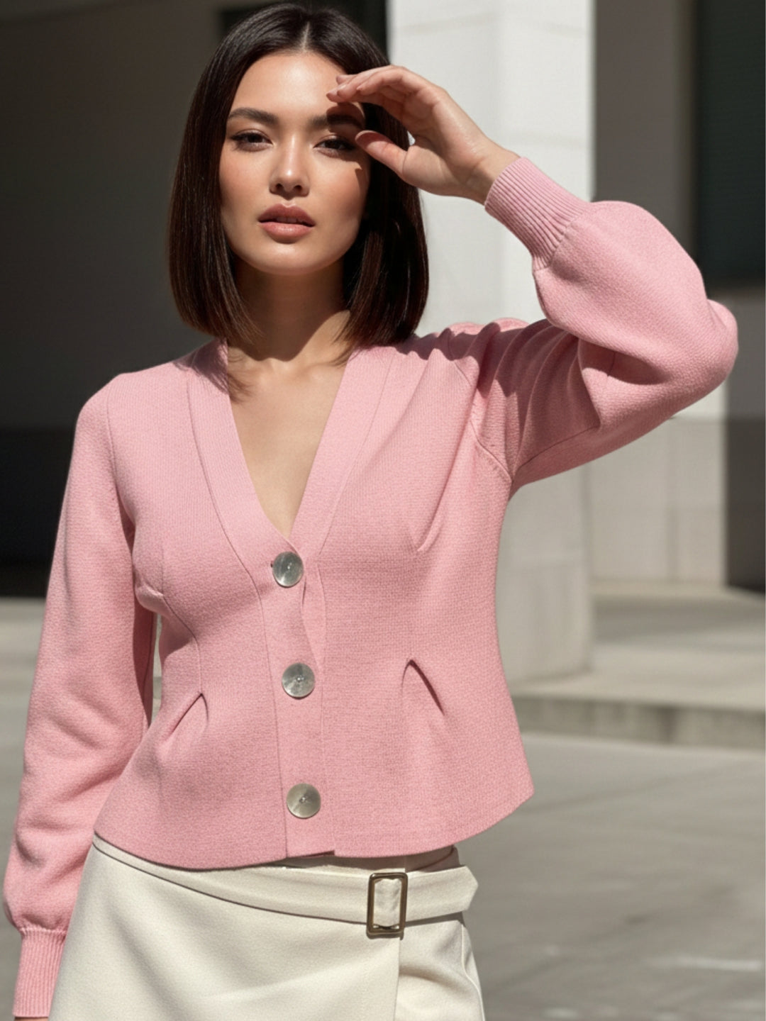 Pink Bell Sleeve Front Buttoned Cardigan