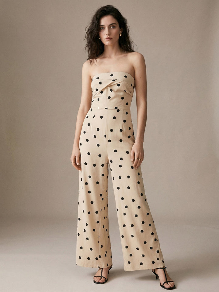 Beige Off Shoulder Polka Printed Jumpsuits