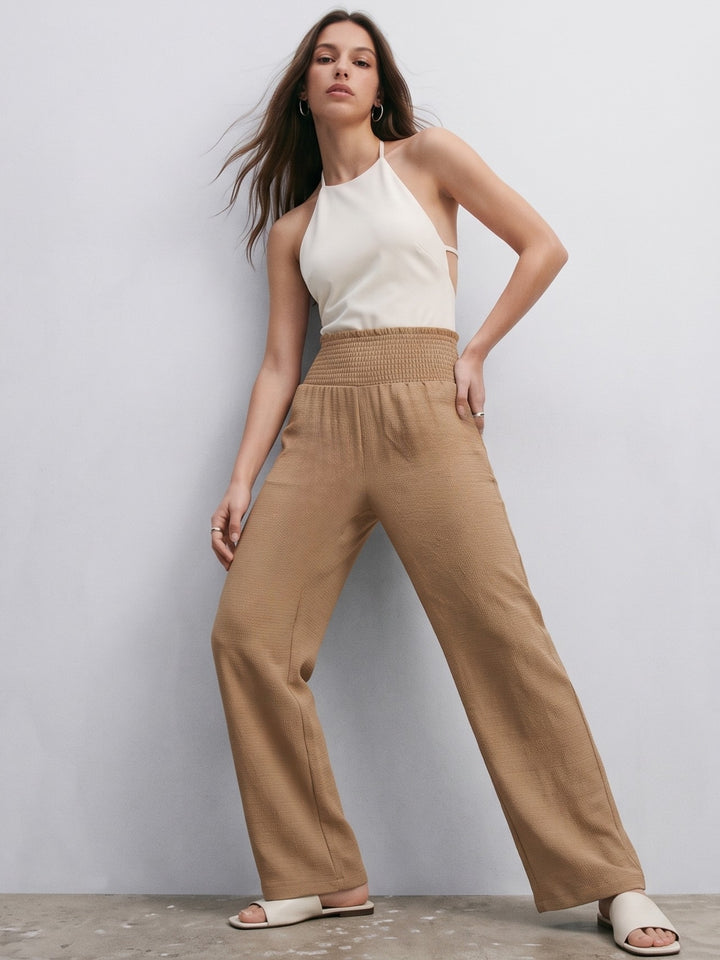 Beige High Waist Wide Leg Trousers