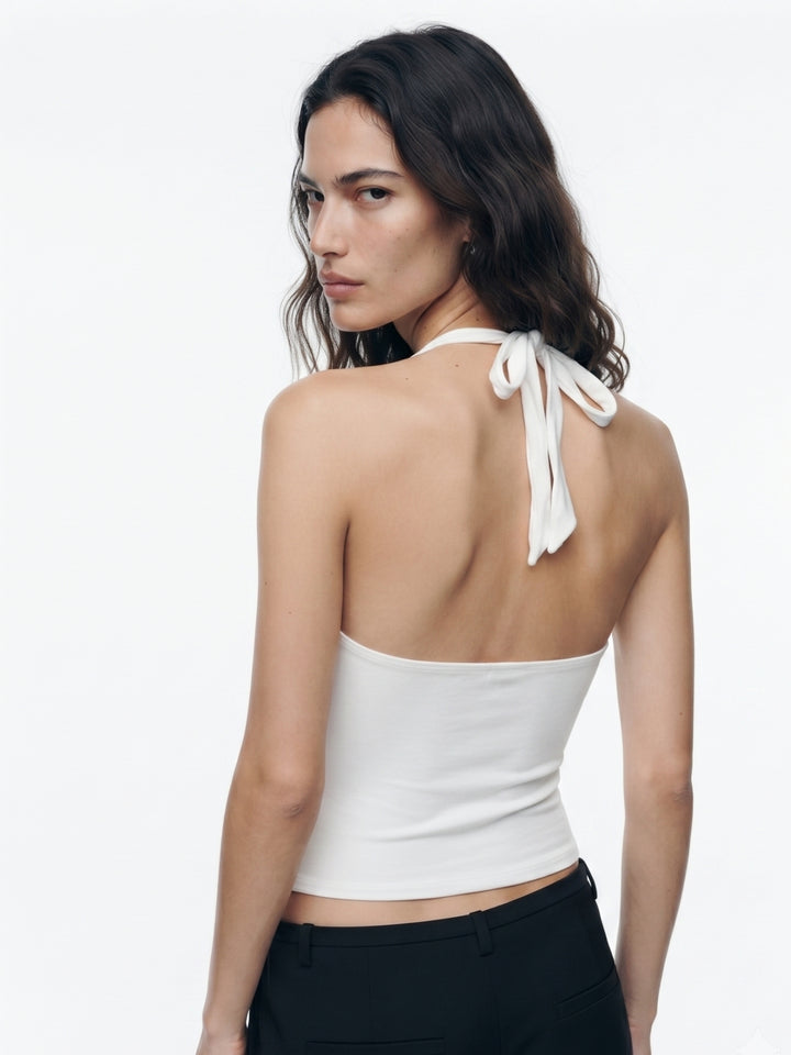 White Ruffle Neck Fitted Tank
