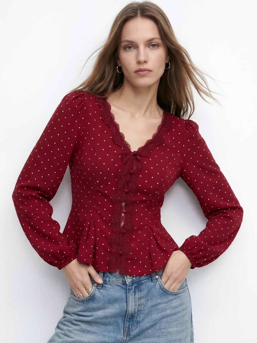 Red Polka Dotted Blouse With Lace Inserts
