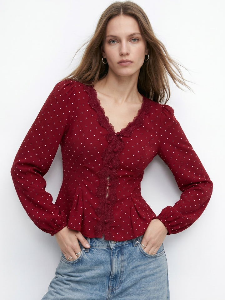 Red Polka Dotted Blouse With Lace Inserts