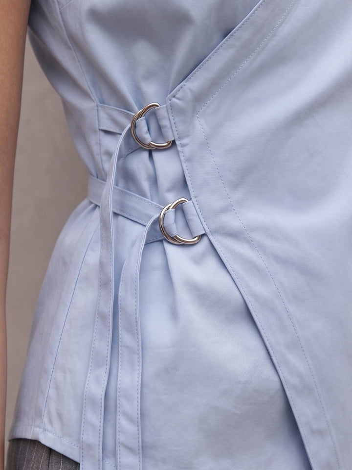 Blue Asymmetrical Wrap-Around Front With A Crisp V-Neckline
