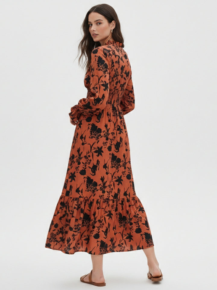 Orange Floral Print Smocked Midi Dress
