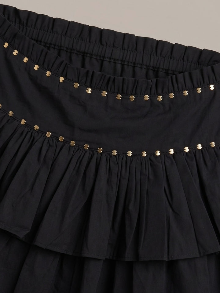 Black Embellished Ruffled Tiered Mini Skirt