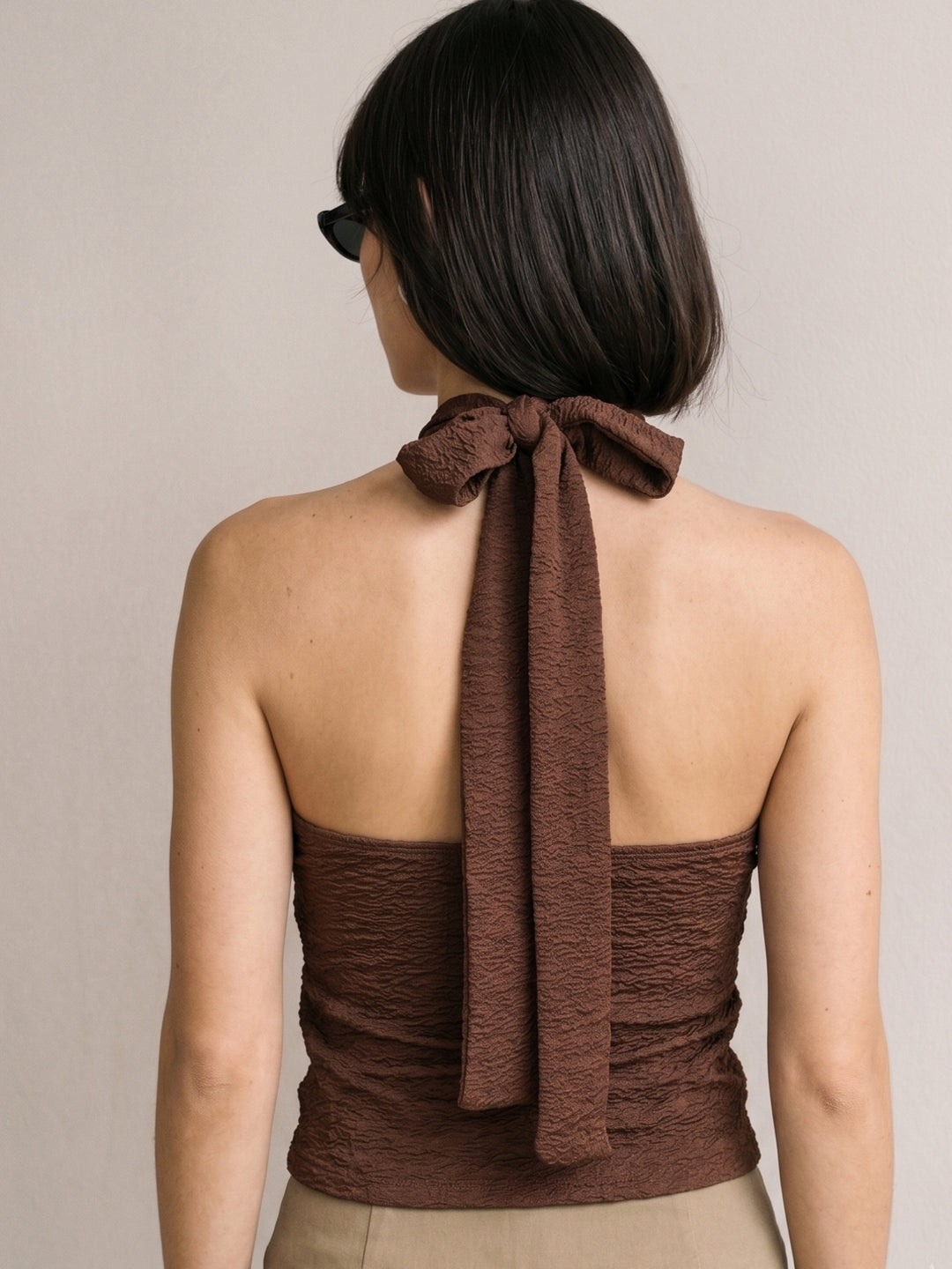 Brown Criss Cross Halter Tank With Embellished Drops