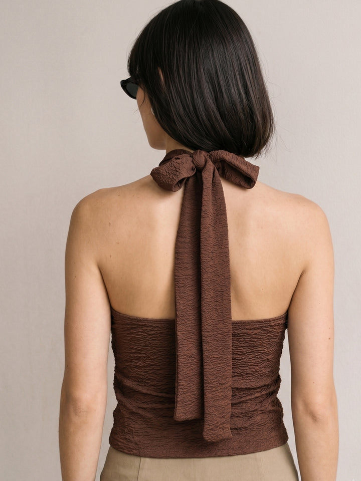 Brown Criss Cross Halter Tank With Embellished Drops