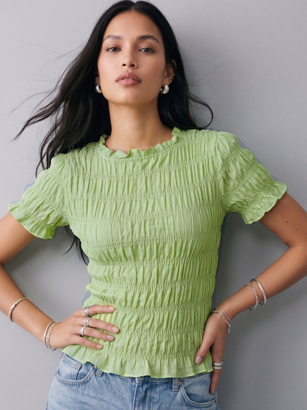 Green Smocked Fitted Top