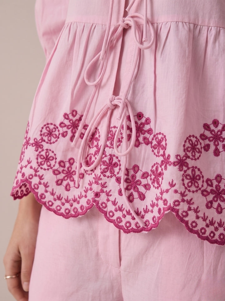 Pink Contrast Schiffli With Regular Fit Shirt Paired With Wide Leg Trouser