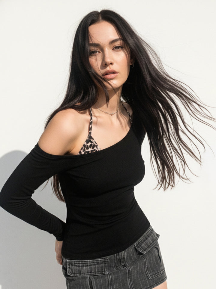Black Off Shoulder Full Sleeves Slim Top