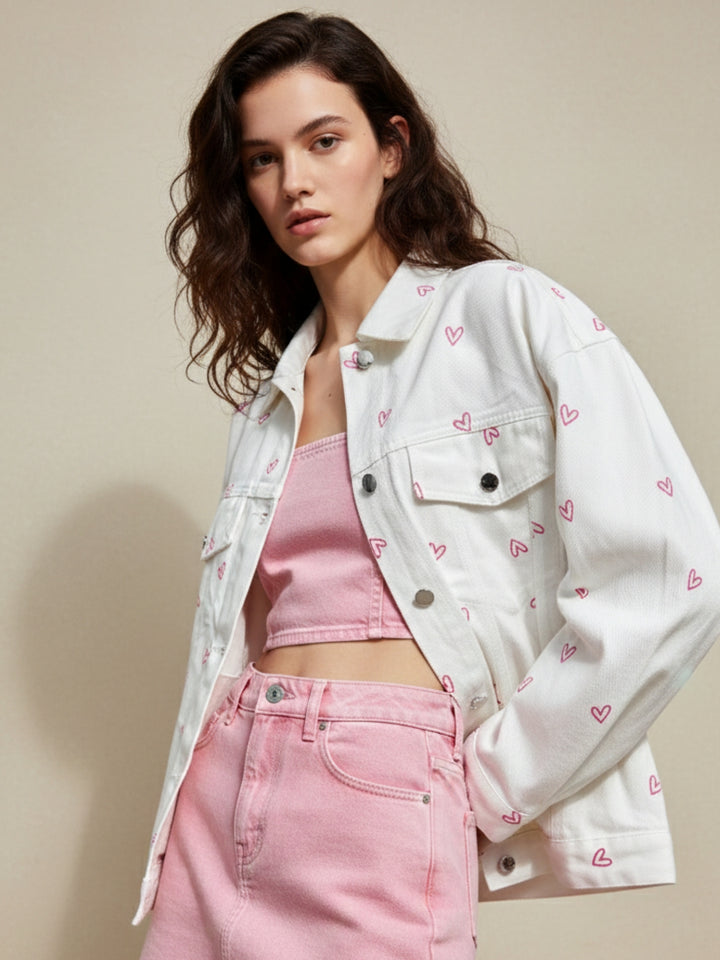 Cream All Over Heart Printed Jacket