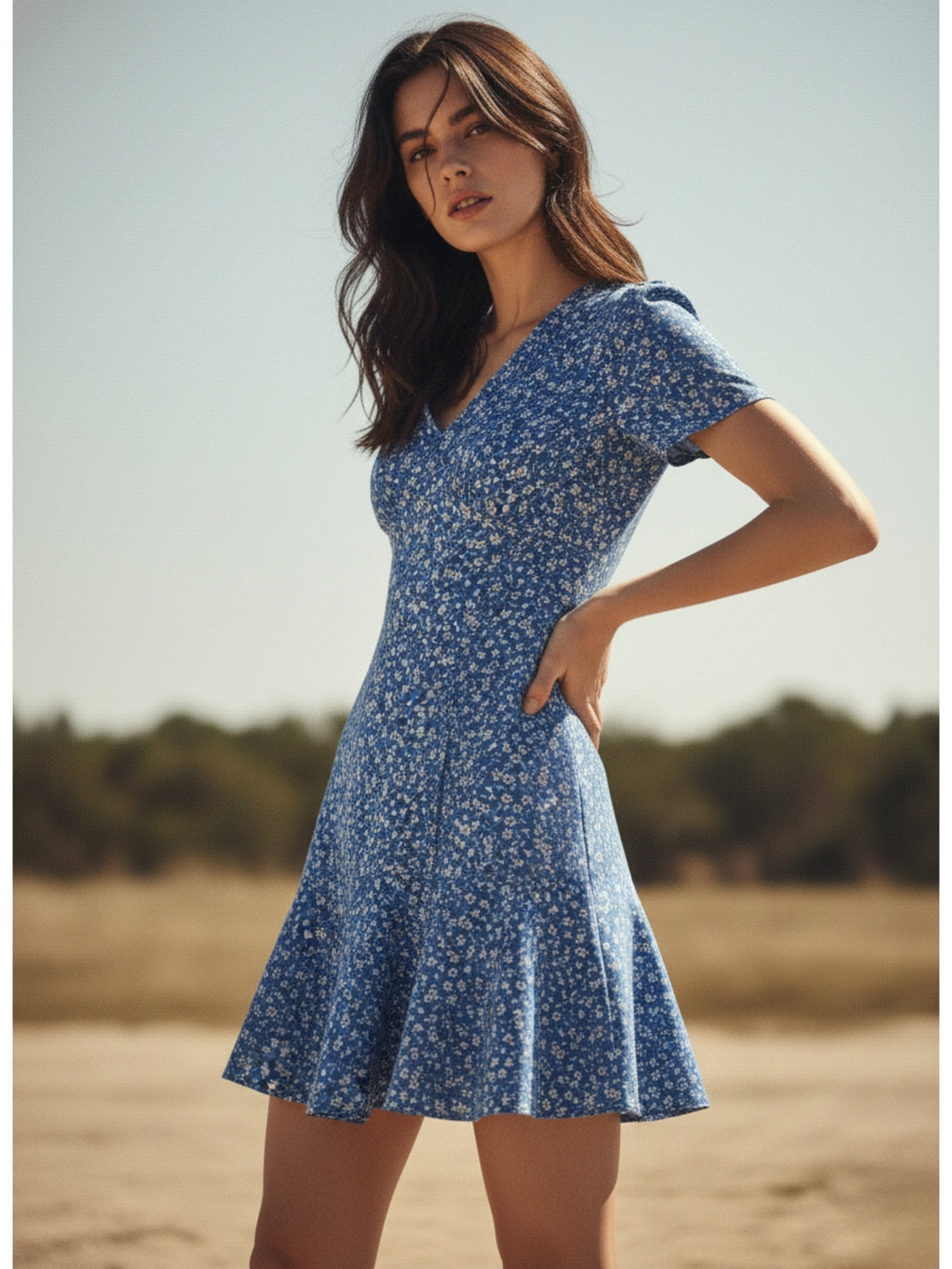 Blue Short Sleeve V Neck Printed Dress