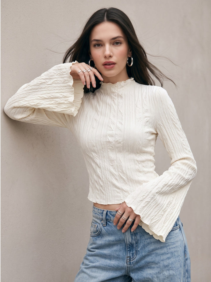 White Textured High Neck Top With Flared Sleeves