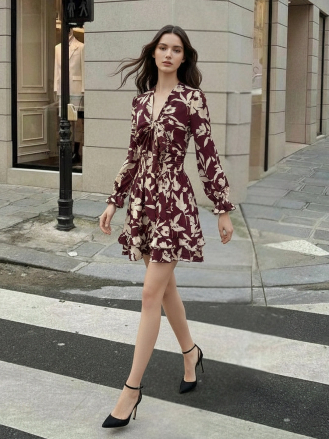 Wine Bishop Sleeve Front Tie-Up Printed Dress