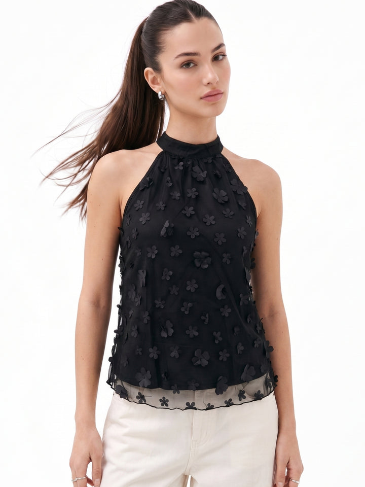 Black Halter Neck Floral Applique Top