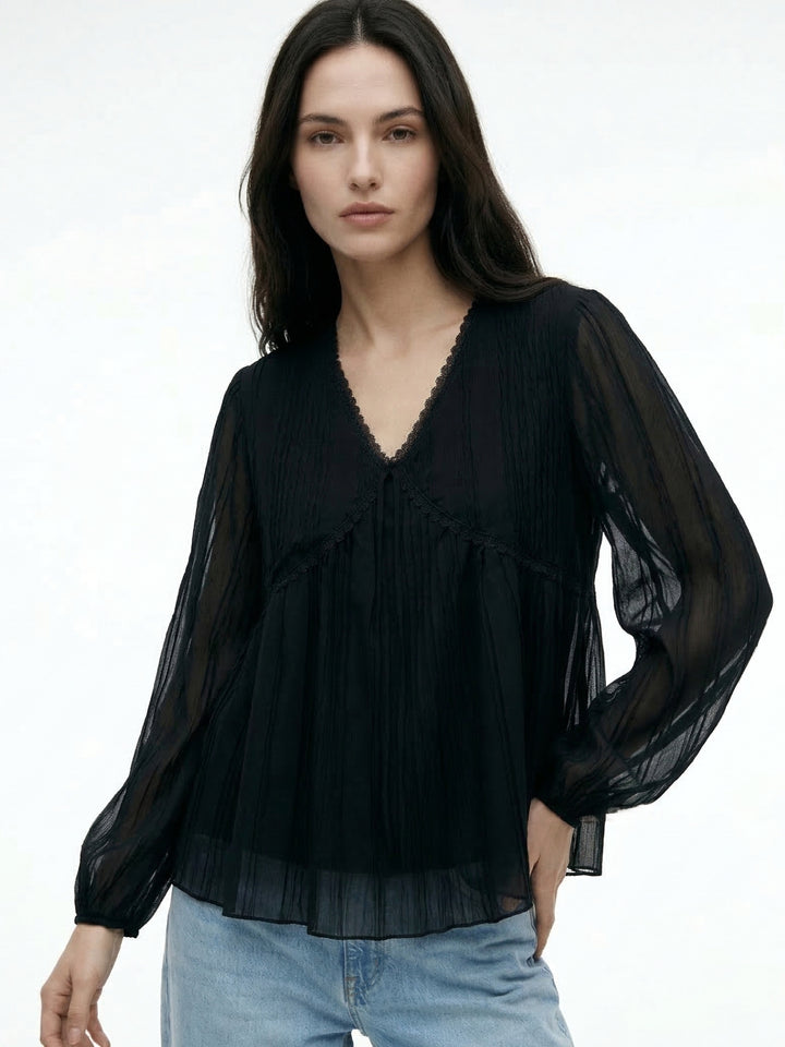 Black Empire Waist Line Lace Detail Sheer Top