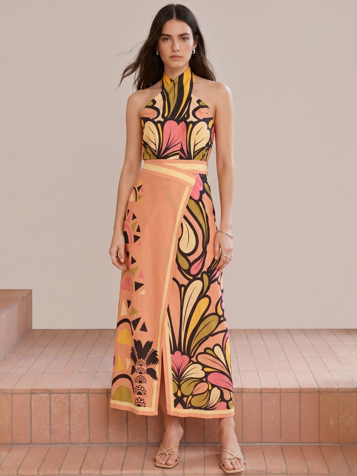 Peach Cross Halter Neck Top And Pant Set