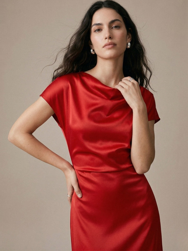 Red Off-Shoulder Drapey Evening Wear Dress