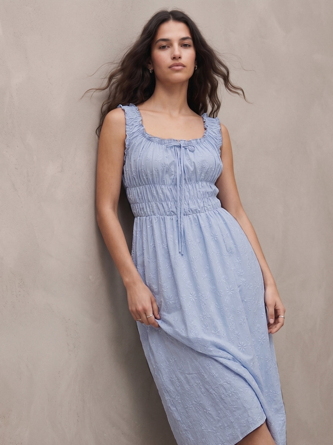 Blue Square Neck Textured Flared Dress
